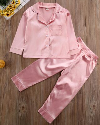 Two-piece pink satin pajamas