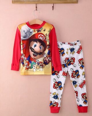 Red and white Super Mario pajamas with pink background