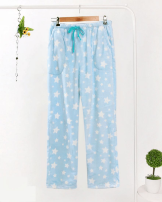 Women's pastel blue fleece pajama bottoms with white background