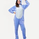 Stitch pajama suit for women with a woman protecting the suit and a white background