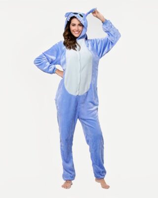 Stitch pajama suit for women with a woman protecting the suit and a white background