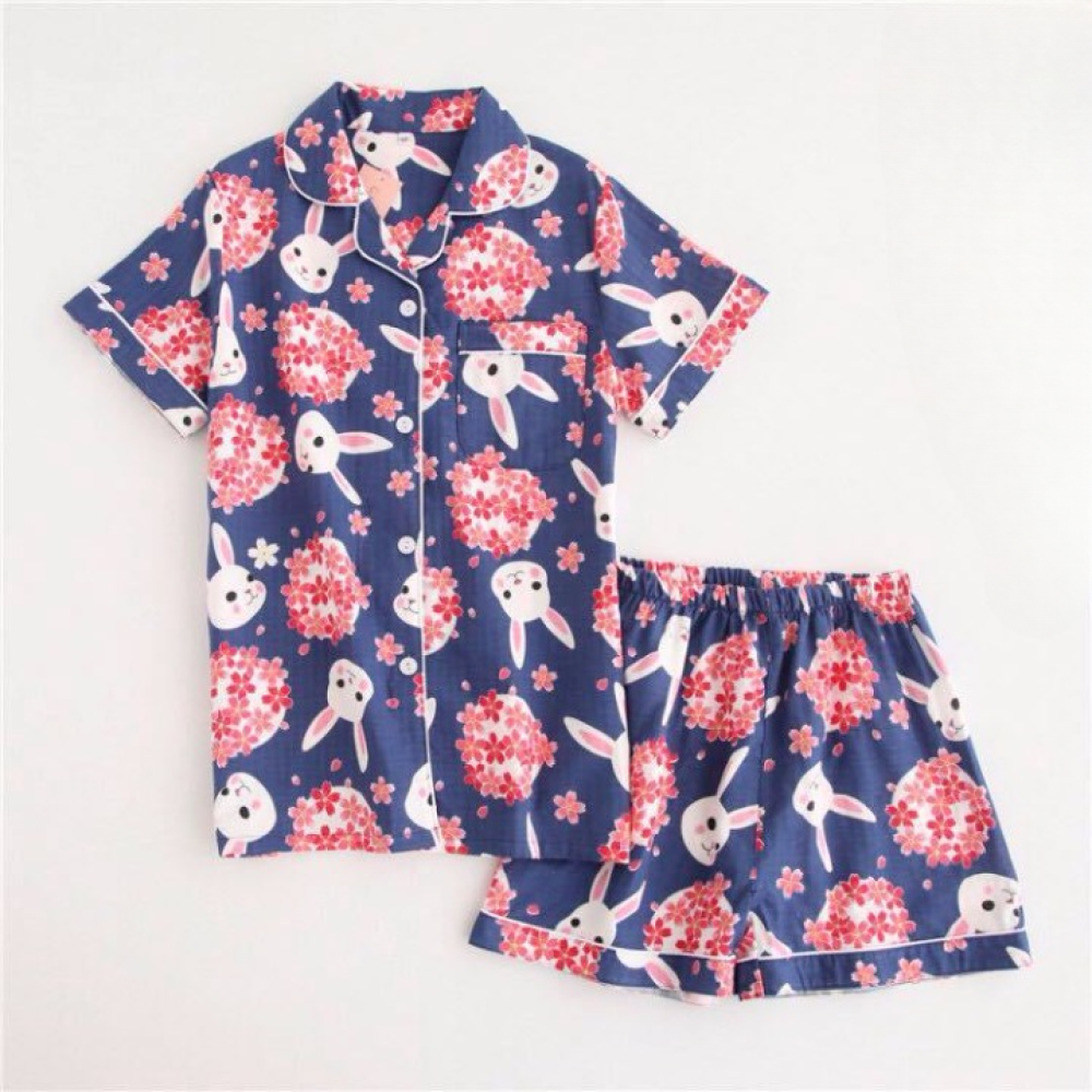 Short sleeve summer pajamas with bunny and flower print for women very high quality