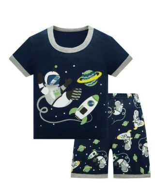 Pyjama polo shirt and shorts with black and green galaxy pattern