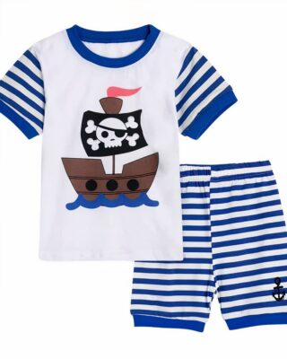 Blue and white pyjama t-shirt and shorts with pirate ship design for boys