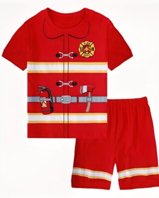 Fashionable red boy's pajama t-shirt and fireman shorts