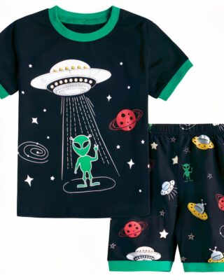 Pyjama polo shirt and shorts with black and green galaxy pattern