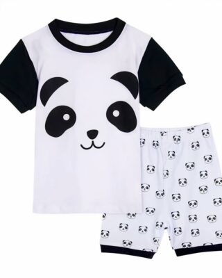 Pyjama polo shirt and shorts with white and black panda pattern