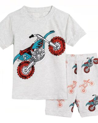 Boy's white motorcycle t-shirt and shorts very high quality fashionable pajamas