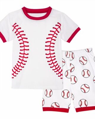 Pajama polo shirt and shorts with red and white baseball pattern fashionable