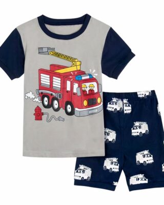 Pyjama t-shirt polo and shorts gray and blue fire truck pattern fashionable