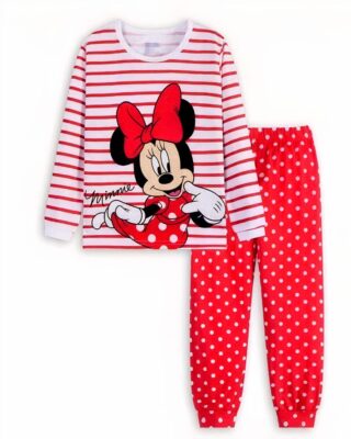 Girls' two-piece long-sleeve Minnie pajamas with white and red stripes and fashionable red pants