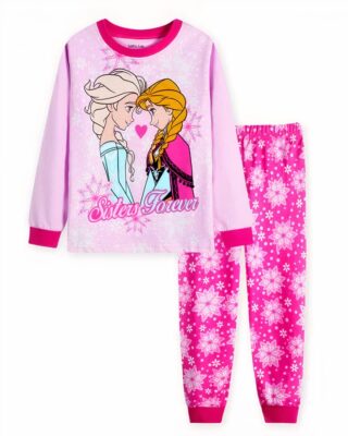 Pink Elsa and Anna long sleeve pajamas with pink flower pants