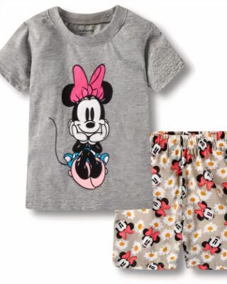 Fashionable two-piece grey summer pajamas for girls with Minnie pattern