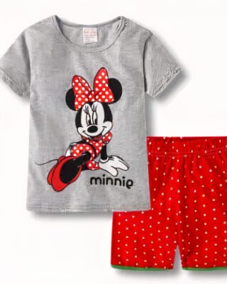 Summer pajamas grey t-shirt with minie pattern and red shorts with white pattern very fashionable