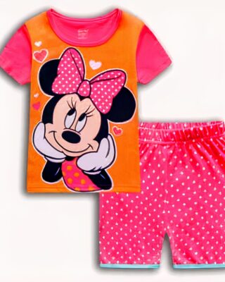 Two-piece pajamas with Minnie pattern and pink shorts with white dot very high quality