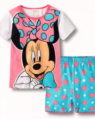 Summer pajamas t-shirt and shorts with pink and blue Minnie pattern