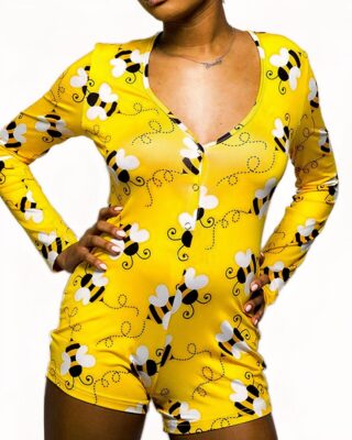 Pyjama onesie sexy yellow bee pattern for woman worn by a woman