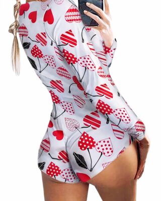 Sexy onesie pajamas with heart flower pattern worn by a woman