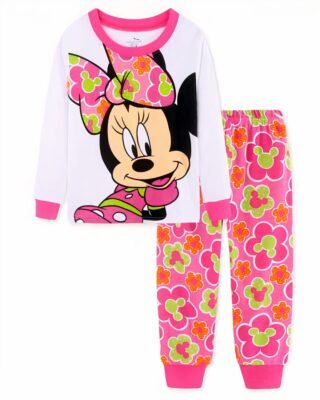 Two-piece long-sleeved pajamas with pink and white Minnie print