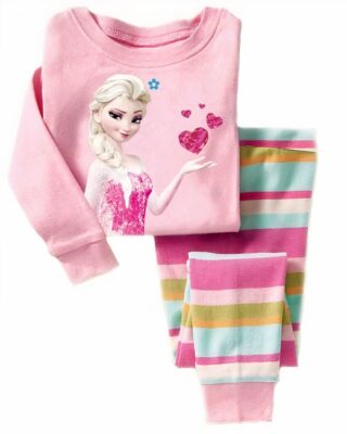 Two-piece pyjamas with long sleeves in pink Elsa pattern with fashionable striped pants