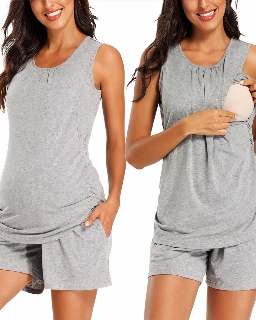 Grey cotton sleeveless maternity pajama set worn by a woman