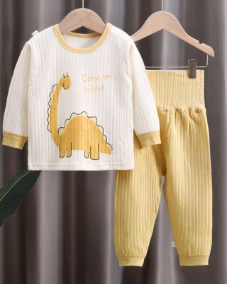 Cotton pajama set with brown and white dinosaur pattern on a belt in a house