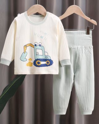 Pajama set cotton tractor pattern very high quality on a hanger in a house