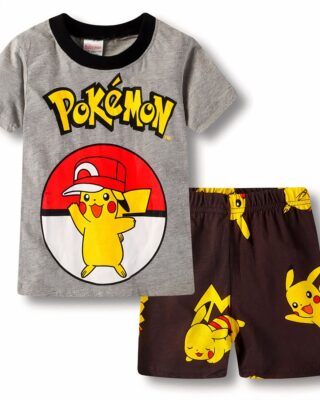 Pikachu Pokémon two-piece grey pajamas with brown shorts made of high quality cotton