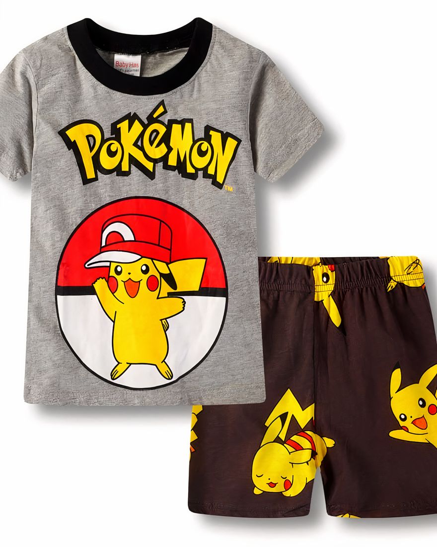 Pikachu Pokémon two-piece grey pajamas with brown shorts made of high quality cotton