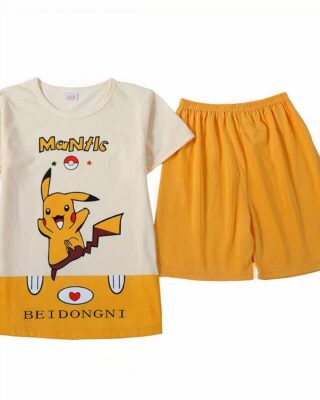 Yellow and white summer pajamas with Pikachu print for boy very high quality