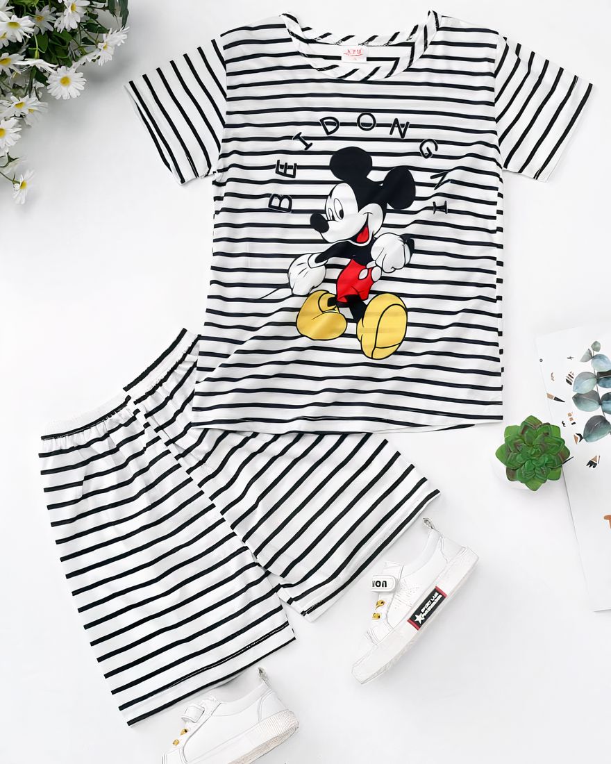 Black and white striped summer pajamas with Mickey motif