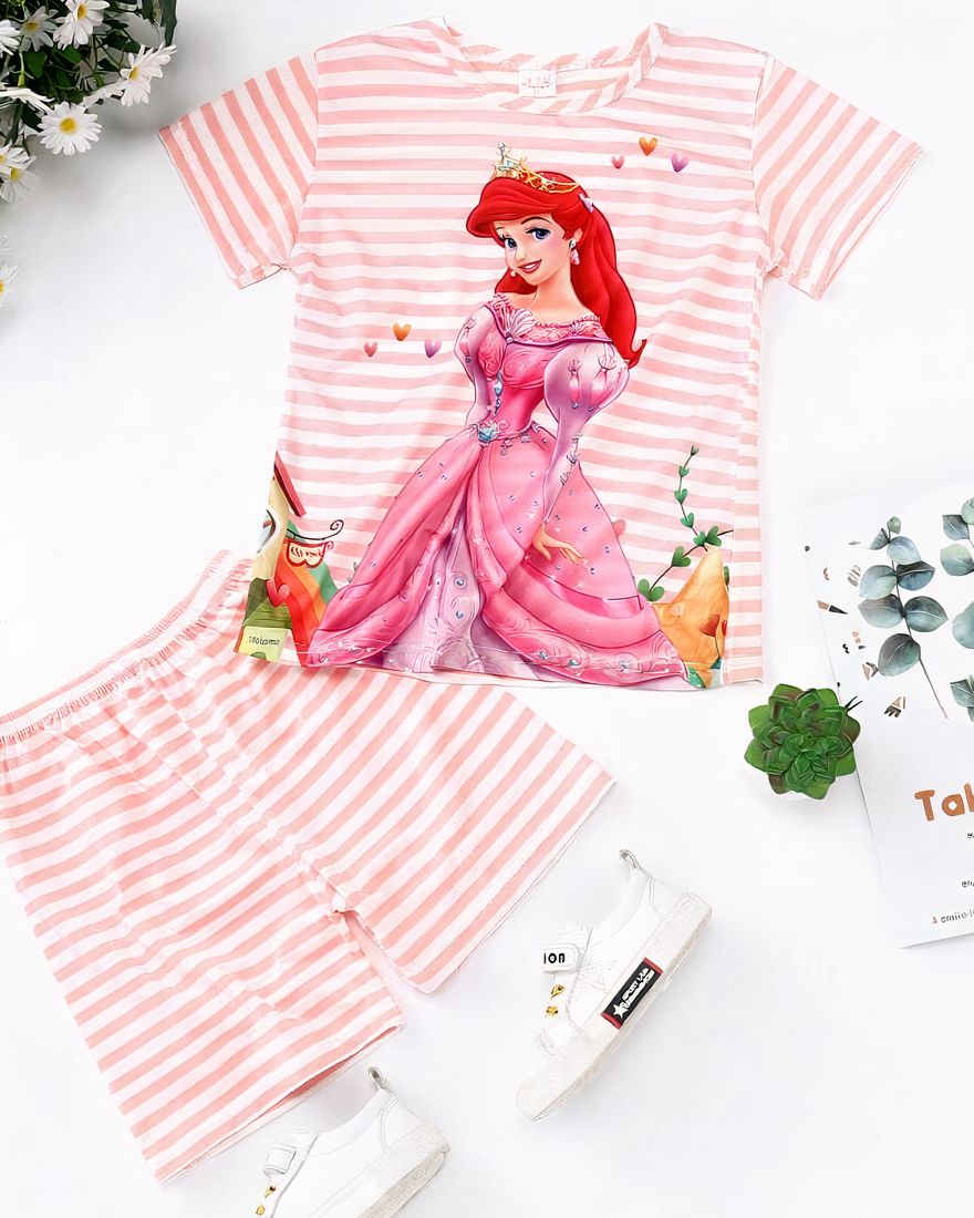 Girl's pyjama set with pink and white stripes and fashionable Ariel princess pattern