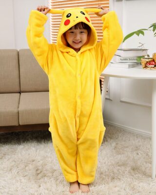 Yellow pikachu pajama suit for child worn by a young child