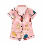 Pink short-sleeved pajamas with cat pattern for kids