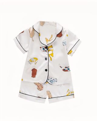 White short-sleeved pyjama set with cat pattern for kids satin fashionable