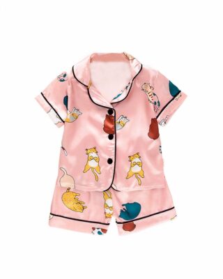 Pink short-sleeved pajamas with cat pattern for kids