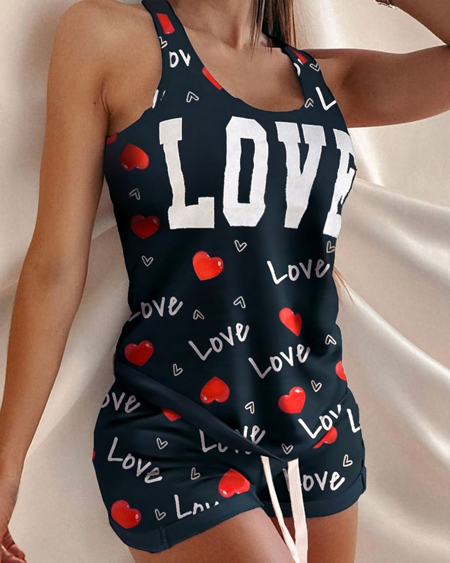 Pajama set tank top and shorts sexy black pattern Love worn by a woman