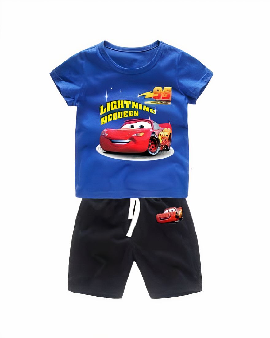 Two-piece pyjama set with blue t-shirt and black shorts with a car motif, very high quality