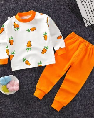 Pajamas for girl made of cotton with watermelon pattern very high quality, fashionable on a carpet in a house