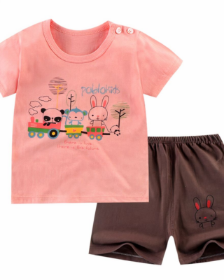 Pink and brown summer pajamas for kids with rabbit pattern