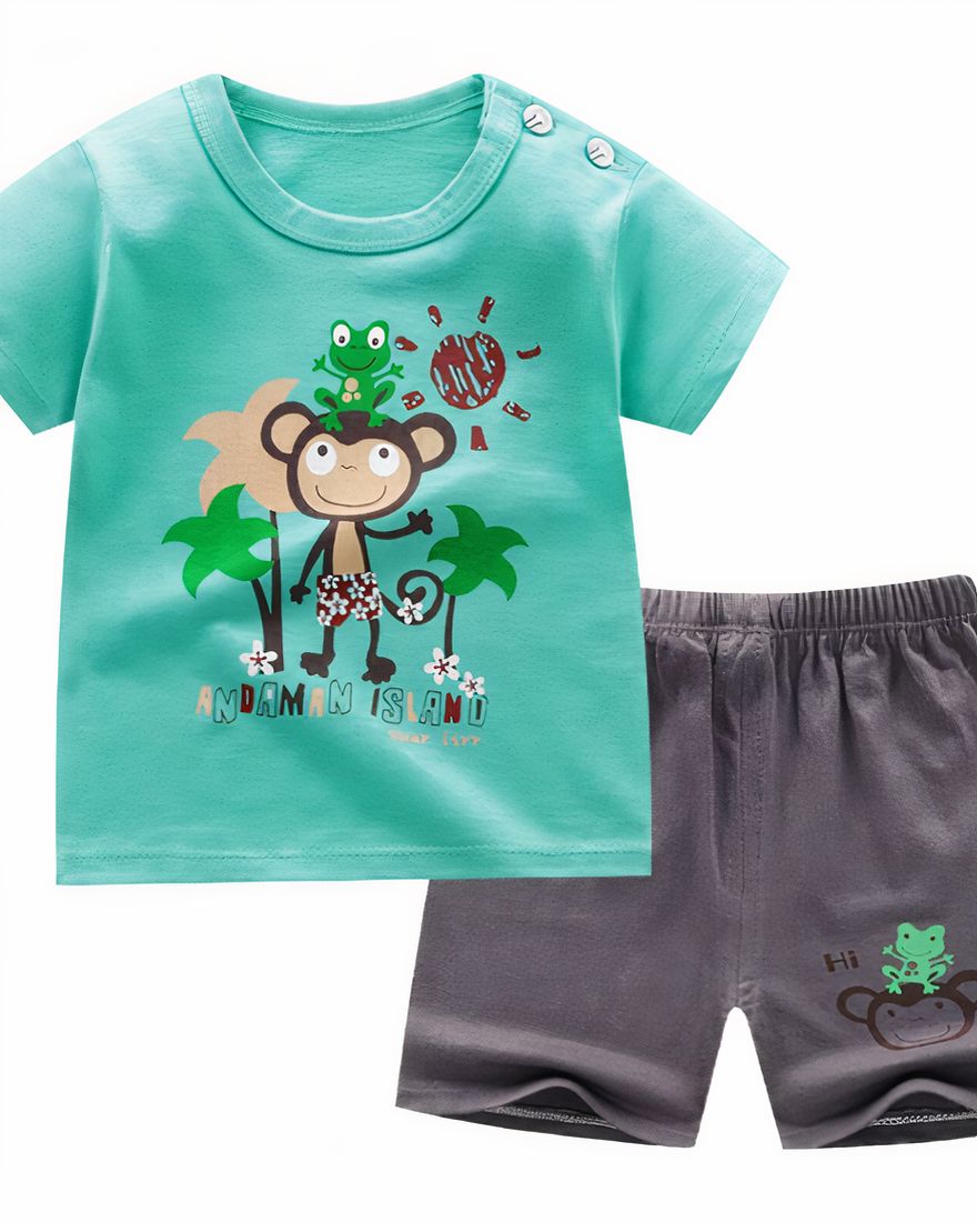 Summer pajamas, t-shirt and shorts monkey pattern for kids green and gray fashionable
