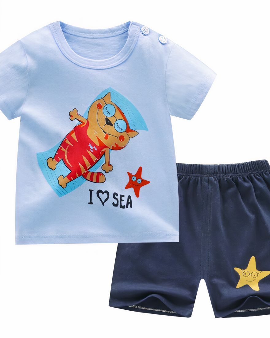 Summer pajamas t-shirt and shorts blue cat pattern for kids fashion