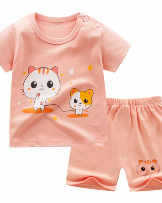 Summer pajamas t-shirt and shorts pink cat pattern for girl fashionable