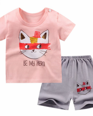 Summer pajamas in cotton with pink and grey cat pattern