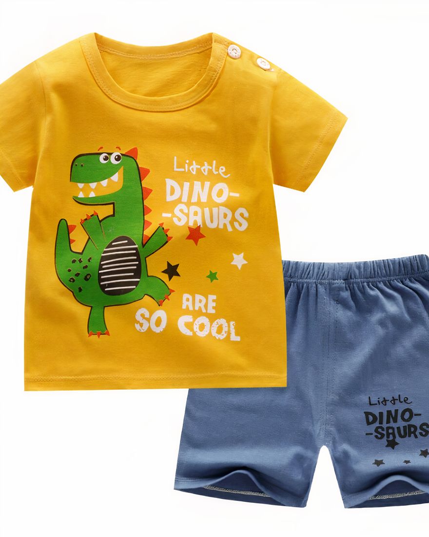 Yellow dinosaur summer pajamas for kids with blue shorts fashionable