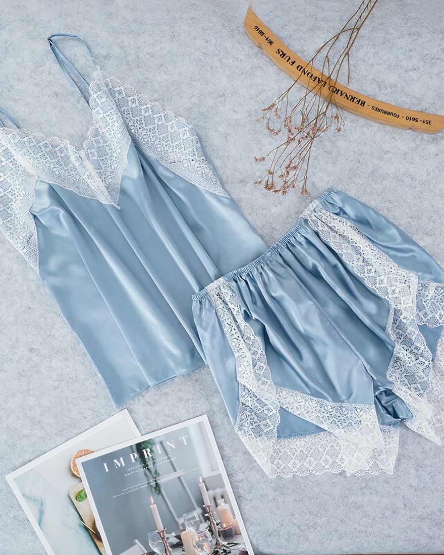 Sexy blue grey satin pajamas for women with magazines
