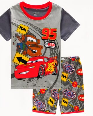 Two-piece pyjamas in grey cotton with fashionable car pattern