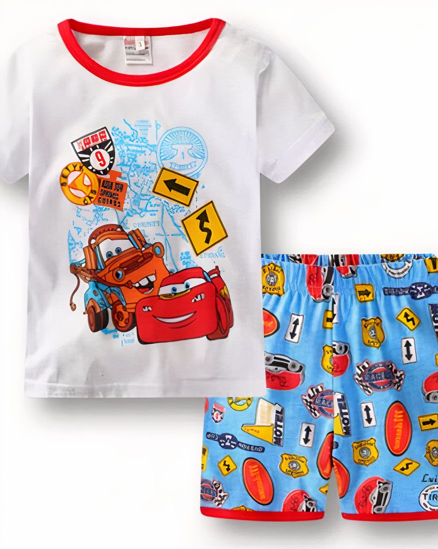 Pyjamas white t-shirt and blue shorts patterned cars fashionable very high quality