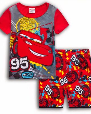 Pyjamas white t-shirt and blue shorts with red cars pattern