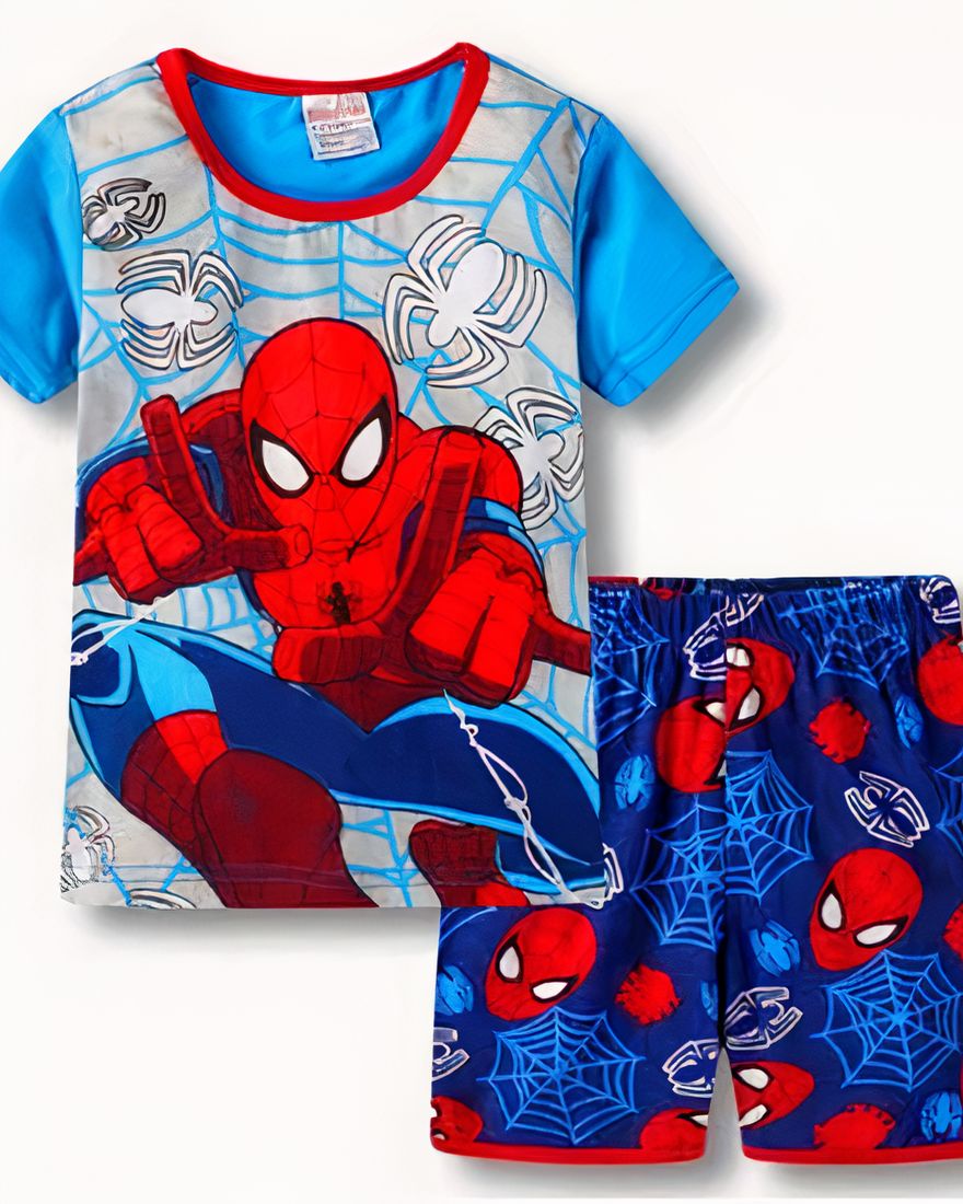 Blue Spiderman two-piece cotton pajamas